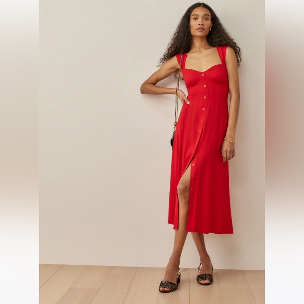 Reformation | Red Tayler Midi Dress Size 4 Sweetheart Neck Ties Back